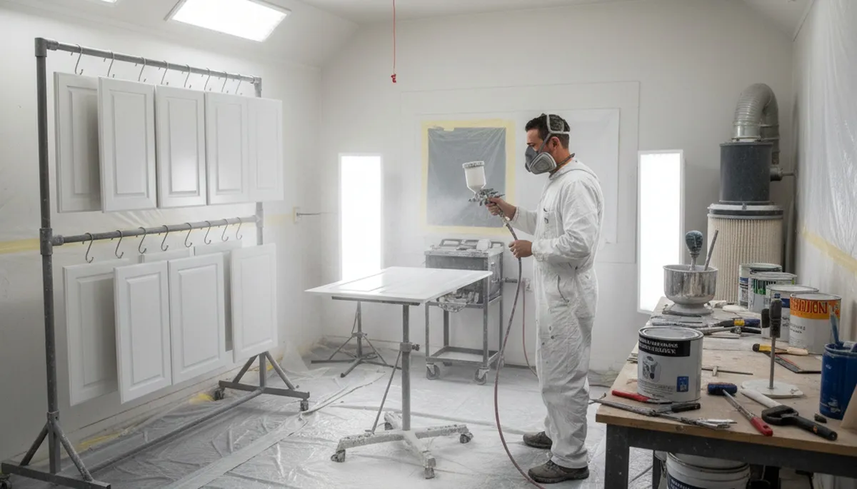 Professional cabinet painting process in San Mateo, CA showing smooth spray finish for kitchen update