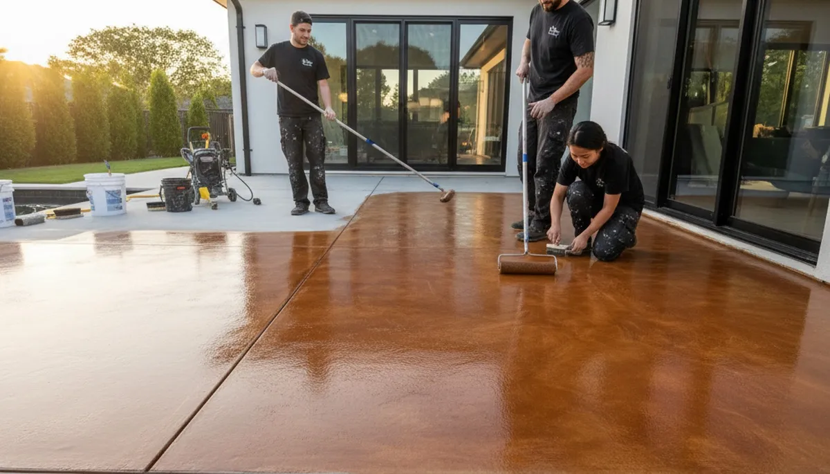 Professional concrete staining on residential patio in San Mateo, CA by expert floor finishing team