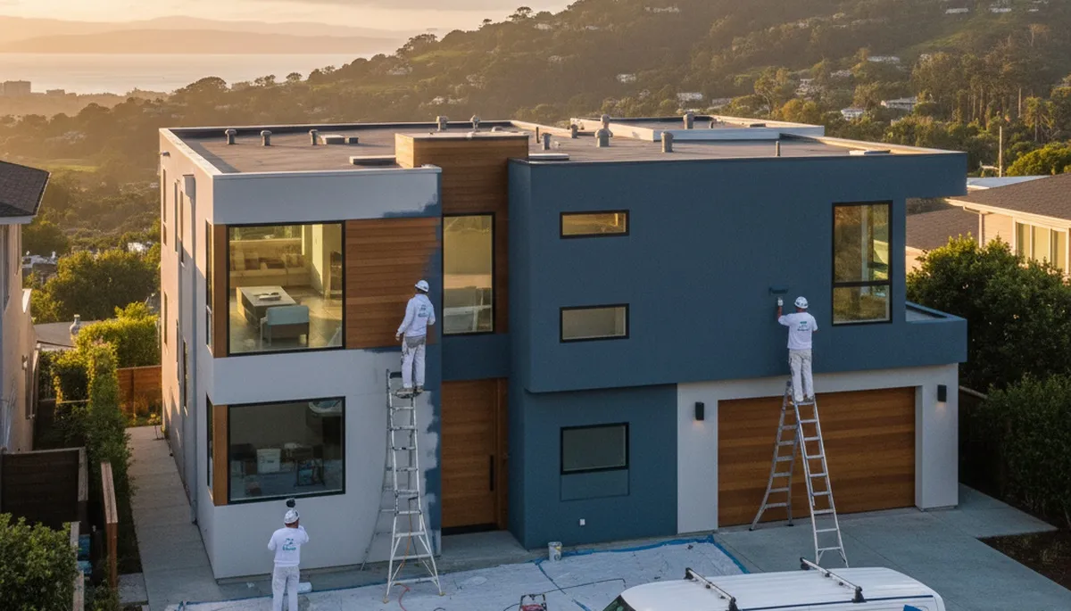 Professional house painters working on residential exterior in San Mateo, CA
