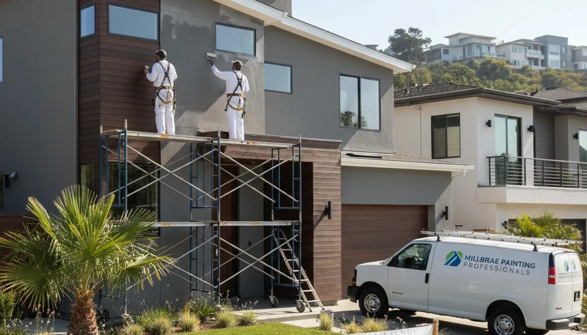 Professional house painters working on residential exterior in San Mateo, CA