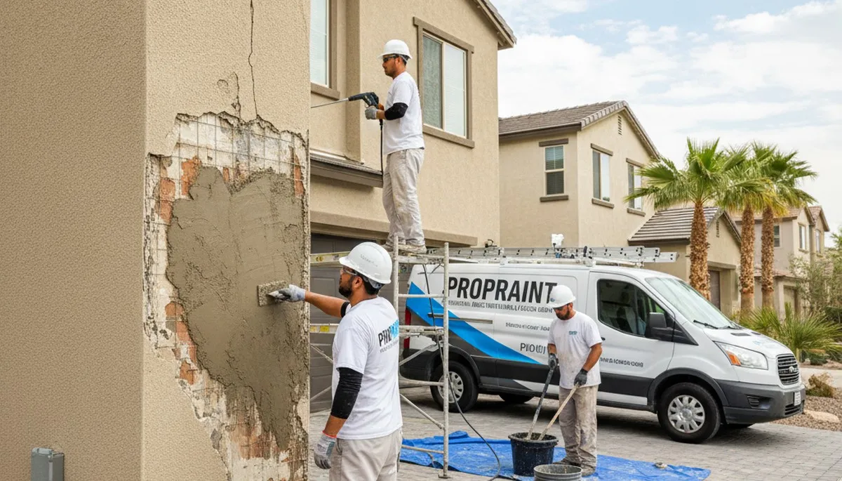Professional stucco repair on San Mateo, CA home exterior showing crack restoration and smooth finish